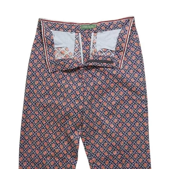 Mens 34 Floral Pants Blue Orange Cotton Geometric Flat Front Straight Trousers